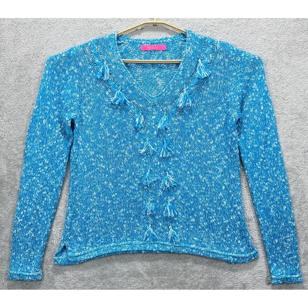 Lilly Pulitzer Kovette Sweater‎ Womens XL Blue White Knit Tassel V Neck Pullover